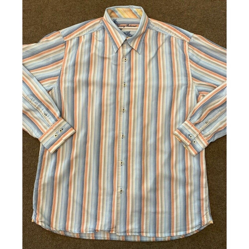 Tommy Bahama Twill Button Shirt Mens L Long Sleeve Raffia Stripe Button Up
